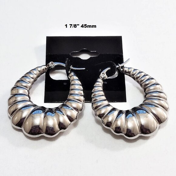 45mm Shrimp Hoop Pierced Earrings Silver Scalloped Graduated Oval - Picture 2 of 7